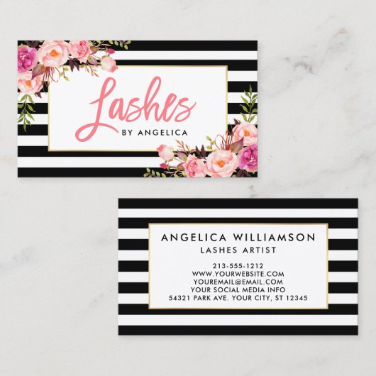 ストライプのなブラシの原稿の花のピンクの鞭 名刺 (正面/裏面)