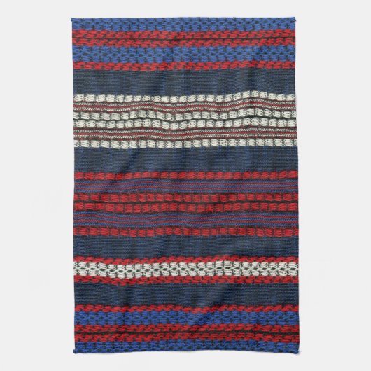 ストライプのなレトロの赤い白人および青のヒッピーは縞で飾ります キッチンタオル (縦)