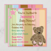 ストライプのな女の赤ちゃんのテディー・ベアのシャワーの招待状 招待状 (正面/裏面)