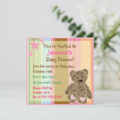 ストライプのな女の赤ちゃんのテディー・ベアのシャワーの招待状 招待状 (スタンド正面)