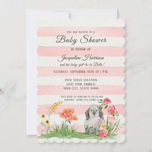 ストライプのな森林LOP耳のウサギの女の子のベビーシャワー 招待状 (正面)