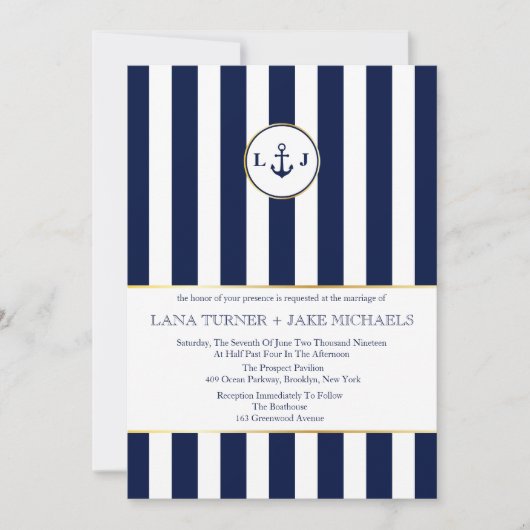 ストライプのな海軍航海のな結婚式招待状 招待状 (正面)