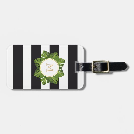 ストライプのな熱帯葉|のモノグラムのな荷物のラベル ラゲッジタグ (正面横)
