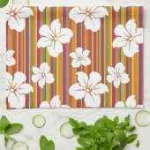 ストライプのな背景の白い花 キッチンタオル (折り畳み)