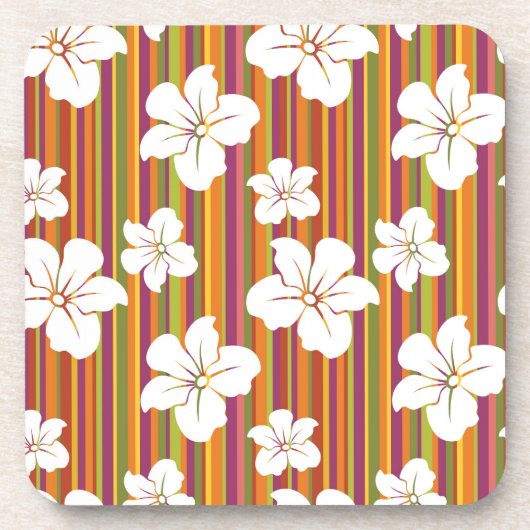 ストライプのな背景の白い花 コースター (正面)