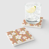 ストライプのな背景の白い花 ストーンコースター (横)