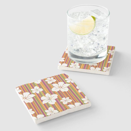 ストライプのな背景の白い花 ストーンコースター (横)