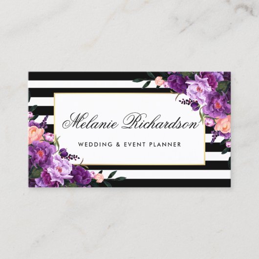 ストライプのな花の紫色の紫外金ゴールドフレーム 名刺 (正面)