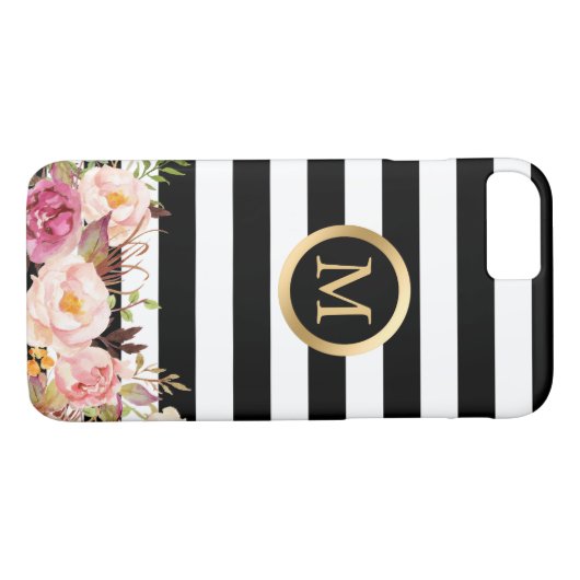 ストライプのな花の金円のモノグラムの白黒 Case-Mate iPhoneケース (裏面(横))