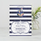 ストライプのウェディングに花の錨 招待状 (スタンド正面)