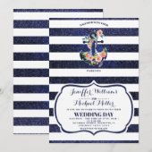 ストライプのウェディングに花の錨 招待状 (正面/裏面)