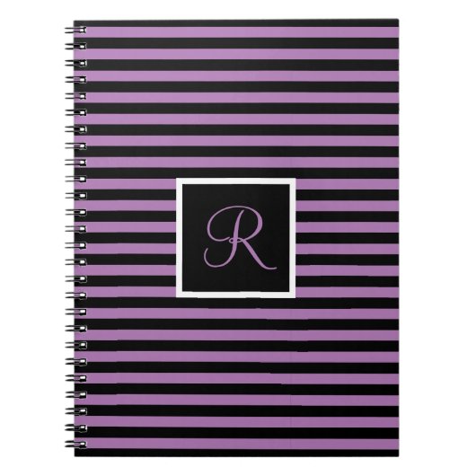ストライプのカスタムイニシャルレター紫と黒 ノートブック (正面)