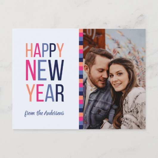 ストライプのカスタム写真ピンクパープルの新年 シーズンポストカード (正面)