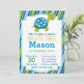 ストライプのカメの誕生日招待状（青） 招待状 (スタンド正面)