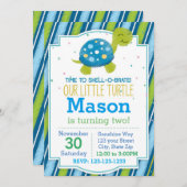 ストライプのカメの誕生日招待状（青） 招待状 (正面/裏面)