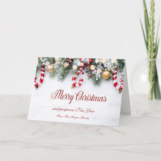 ストライプのキャンディ、松の枝、ボール シーズンカード (正面)