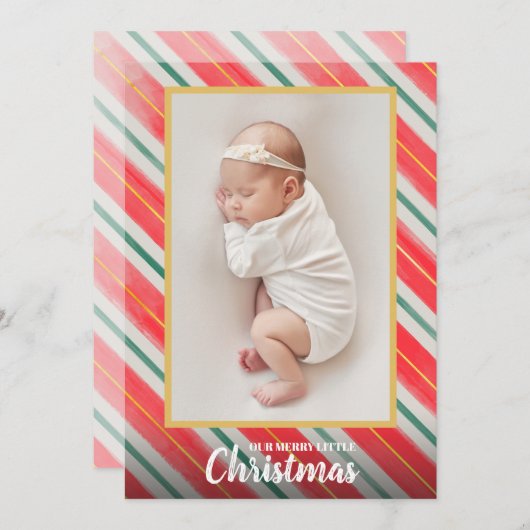 ストライプのクリスマス写真の誕生発表 シーズンカード (正面/裏面)