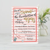 ストライプのゴールド&コーラル色の看護師卒業招待状 招待状 (スタンド正面)