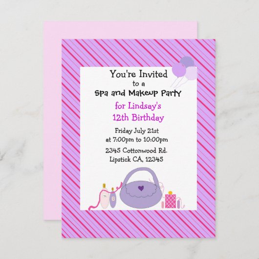 ストライプのスパ及びメイクアップ誕生日招待状 招待状 (正面/裏面)