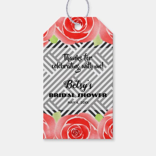 ストライプのダービー ブライダルシャワーの赤いバラ ギフトタグ (正面)