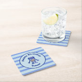 ストライプのハッピーバースデーブルー金ゴールドロボット スクエアペーパーコースター (インサイチュ)