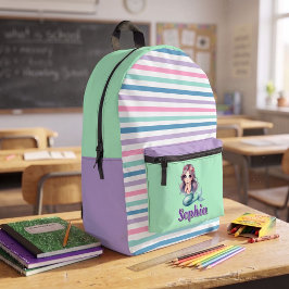 ストライプのパープルとミントのマーメイド プリント カットソー バッグ