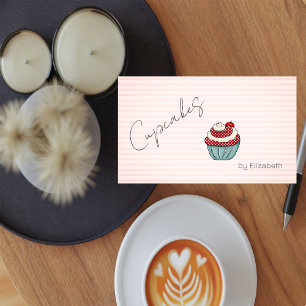 ストライプのビジネスカード チックカップケーキ チェリー スイーツ 名刺