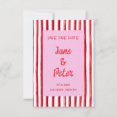 ストライプのピンクと赤の手書きセーブ・ザ・デート セーブザデート (正面)