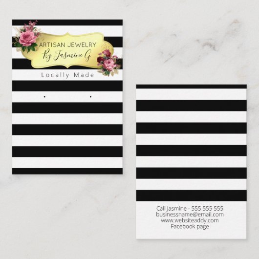 ストライプのフローラ白黒ジュエリー表示カード 名刺 (正面/裏面)
