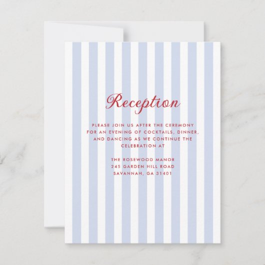ストライプのブルーとレッドの結婚式の受付カード 招待状 (正面)