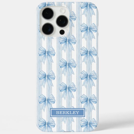ストライプのブルーコケットリボンのモノグラム Case-Mate iPhoneケース (裏面)