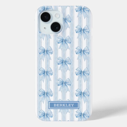 ストライプのブルーコケットリボンのモノグラム Case-Mate iPhoneケース (裏面)