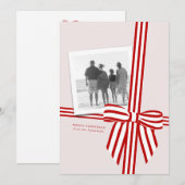 ストライプのボウが付いたフラットなホリデー写真カード シーズンカード (正面/裏面)