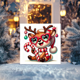 ストライプのマフラーとキャンディーケーンの優しいトナカイ シーズンカード