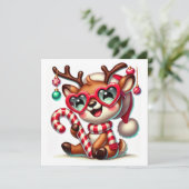 ストライプのマフラーとキャンディーケーンの愛らしいトナカイ シーズンカード (スタンド正面)