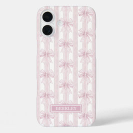 ストライプのモノグラムにピンクのコケットボウ iPhone 16 PLUSケース