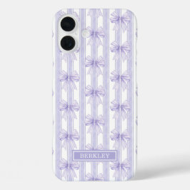 ストライプのモノグラムに紫のコケットボウズ iPhone 16 PLUSケース