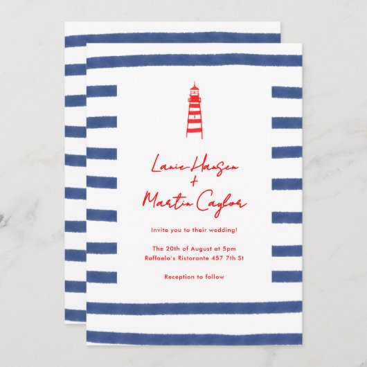 ストライプのライトハウスレッドブルーイーストコースト結婚ーズ 招待状 (正面/裏面)