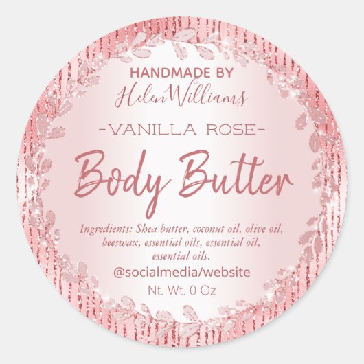 ストライプのローズゴールドの葉のフレームボディバター ラベル (正面)