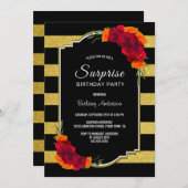 ストライプのローズフラワーのサプライズ誕生日パーティー 招待状 (正面/裏面)