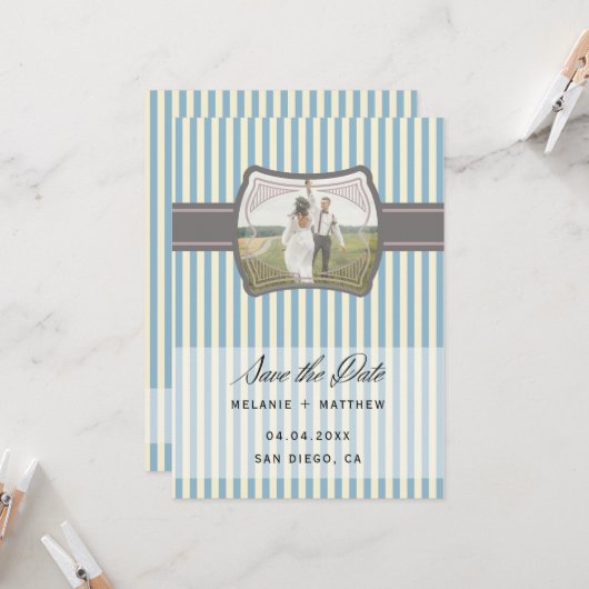 ストライプのヴィンテージ写真の保存結婚日 招待状 (正面/裏面インサイチュ)