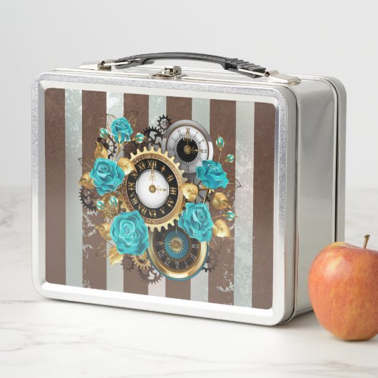 ストライプの上のスチームパンク時計とターコイズのバラ メタルランチボックス (インサイチュ)
