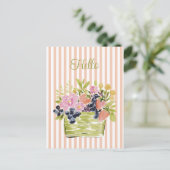 ストライプの上の水彩の果物と花のかご ポストカード (スタンド正面)