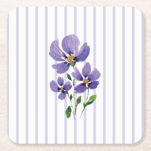 ストライプの付いた水彩画の紫の花 スクエアペーパーコースター (正面)
