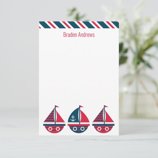 ストライプの帆船ノートカパーソナライズされたード サンキューカード (スタンド正面)