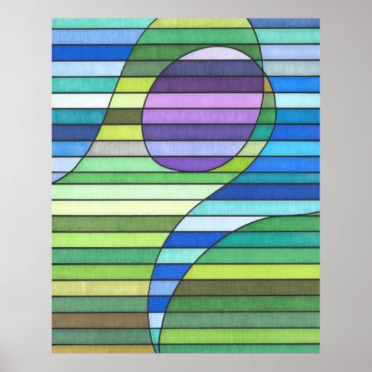 ストライプの抽象芸術緑波と紫円 ポスター (正面)