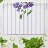 ストライプの水彩画の紫の花 キッチンタオル (折り畳み)