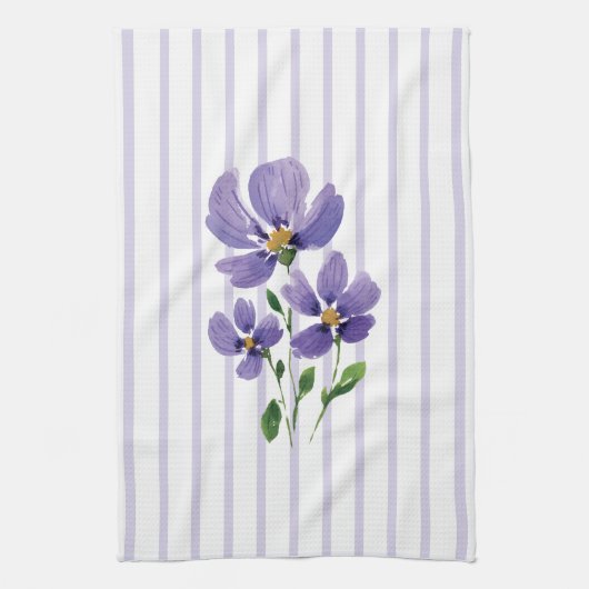 ストライプの水彩画の紫の花 キッチンタオル (縦)