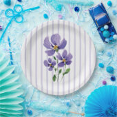 ストライプの水彩画の紫の花 ペーパープレート (パーティー)