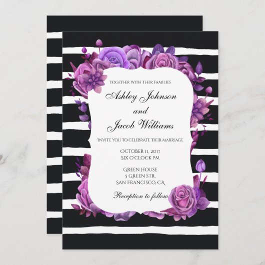 ストライプの結婚式招待状モダン。紫の花 招待状 (正面/裏面)